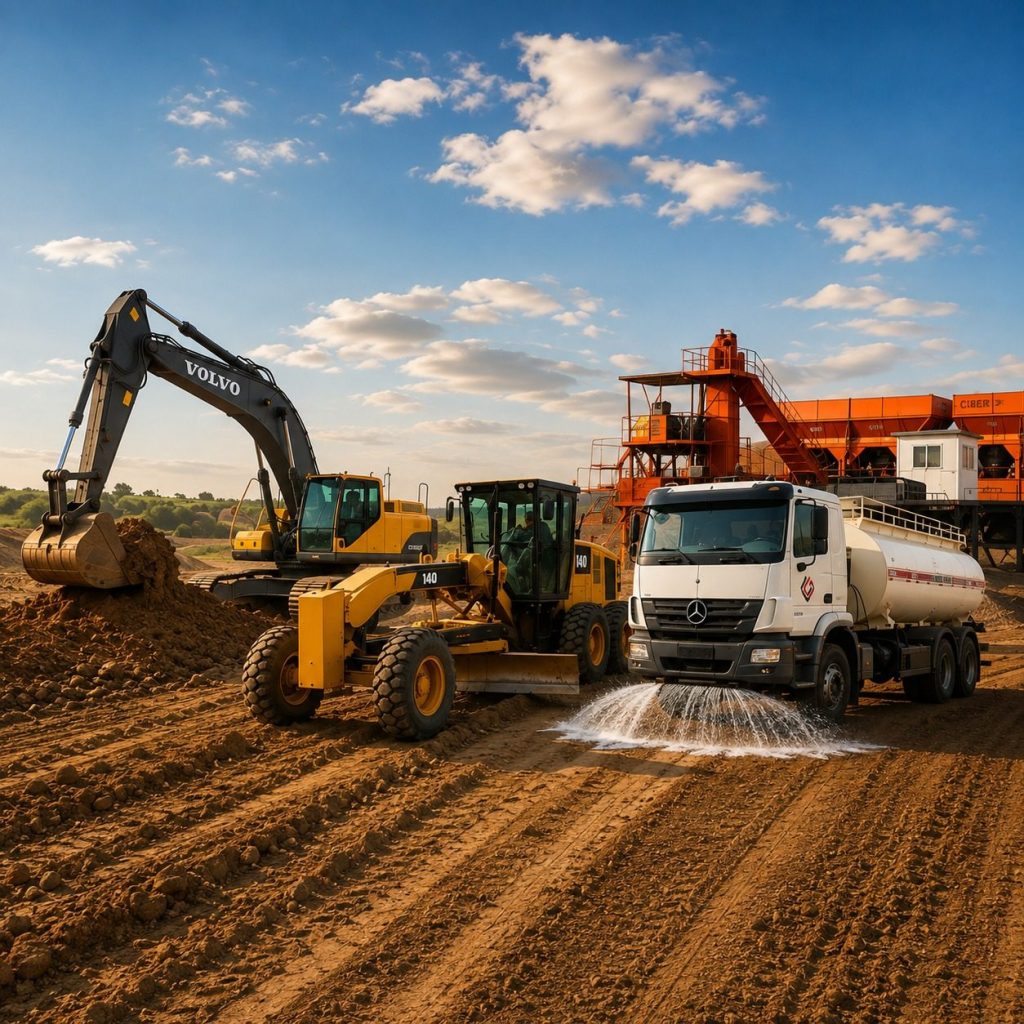 Frota da Construtora Gonçalo em obra de pavimentação